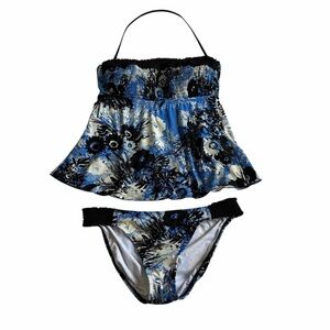 Kenneth Cole 2 Piece Blue Black White Halter Convertible Tankini - NWOT - Med